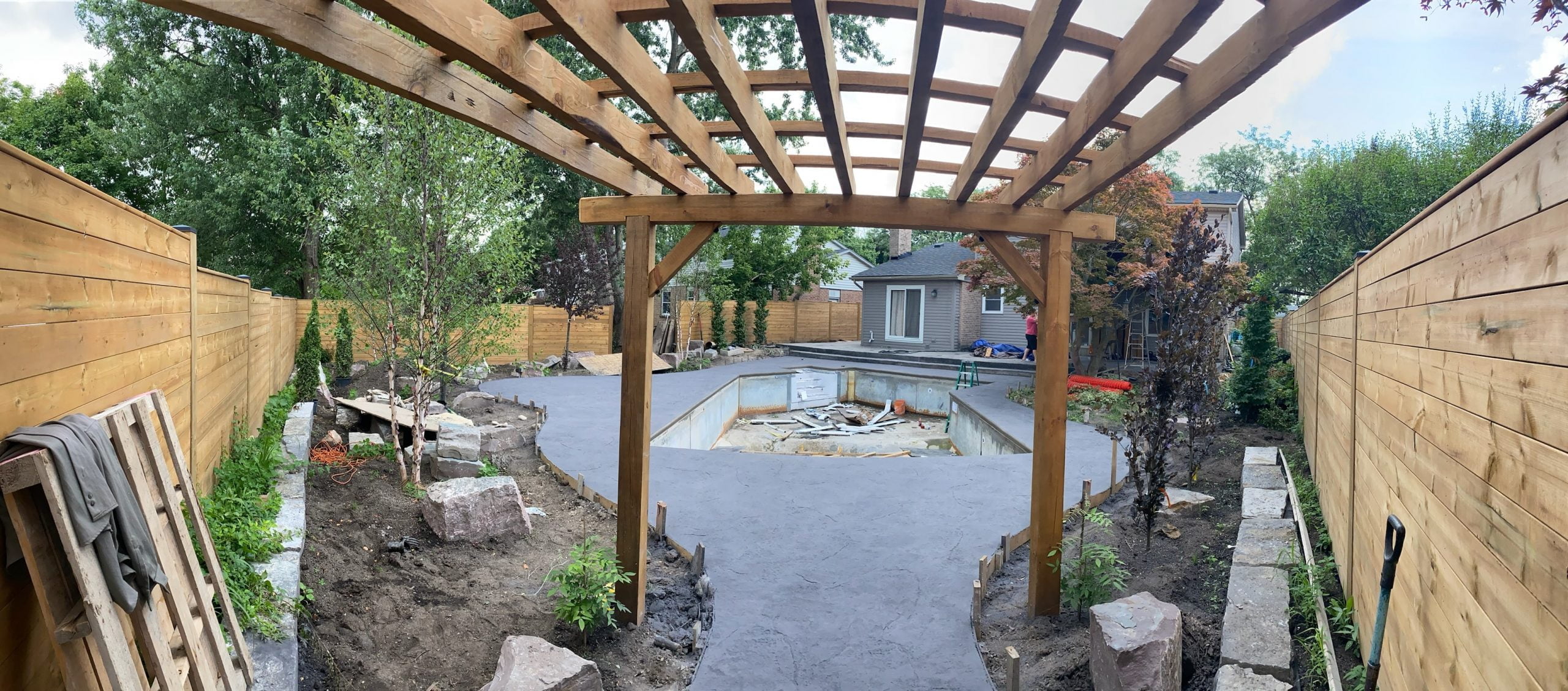 freshly stamped concrete pool deck