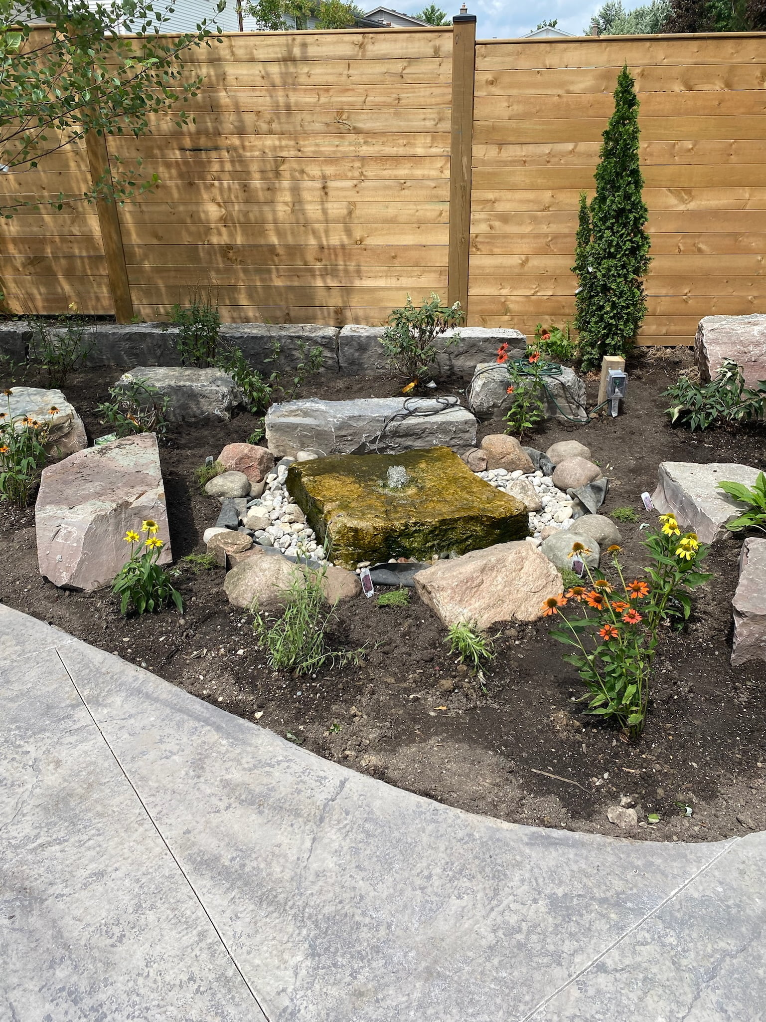 water feature in garden around pool