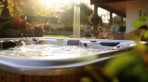 A bubbling hot tub in a backyard.