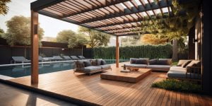Modern wooden deck beside pool with pergola