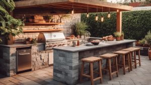 An outdoor entertainment area with a built-in barbecue and a bar setup.