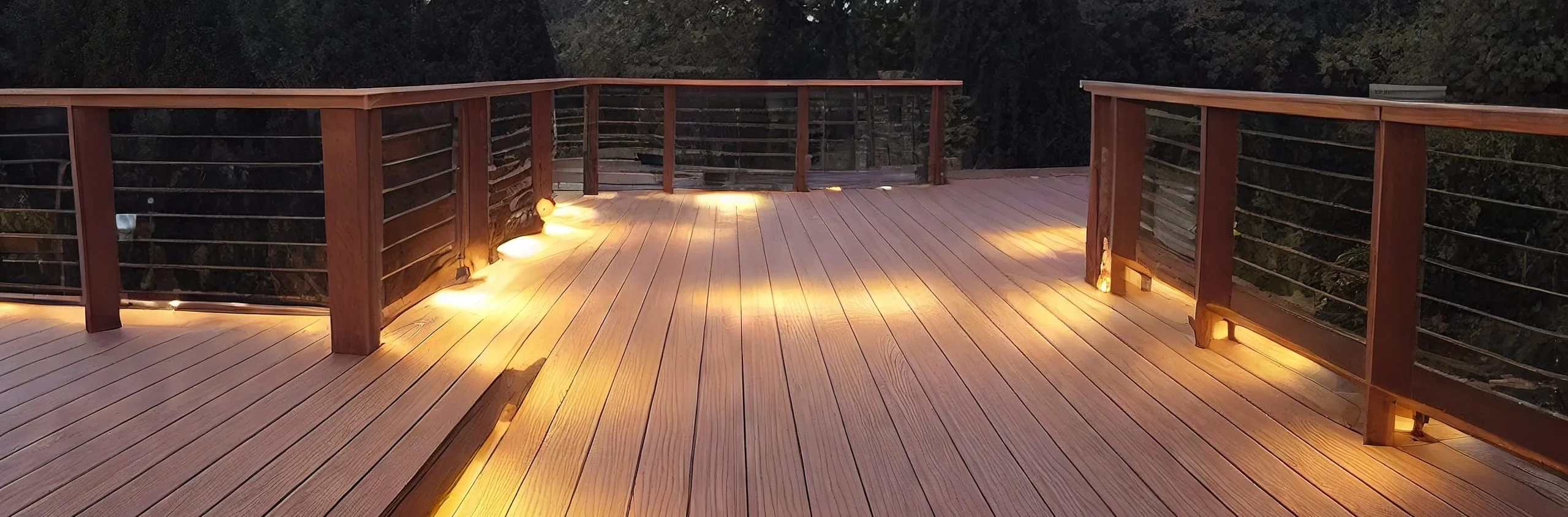 deck and railing with floor lighting set in forest